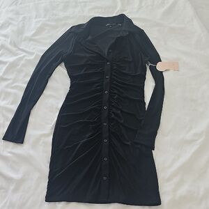 NWT Long-Sleeve Black Ruched Button-Front Dress